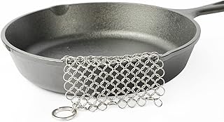 Stainless Steel Chainmail Scrubber for Cast Iron-4"x4" Skillet Cleaner, Removes Stuck Food on Iron Skillets, Pre-Seasoned Cookware Safe for Waffle Irons, Dutch Ovens, and Glassware - 1 Pack