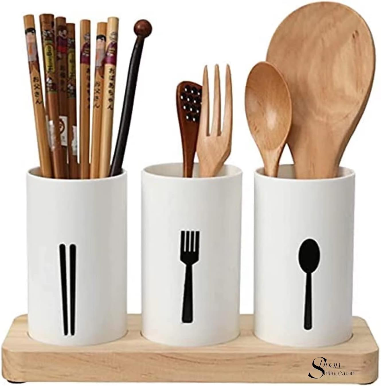 Kitchen Utensil Caddy, Flatware Organizer with Wood Base Flatware Organizer with Wood Base,Caddy Utensil Holder,Countertop Kitchen Utensil Organizer Flatware Caddy
