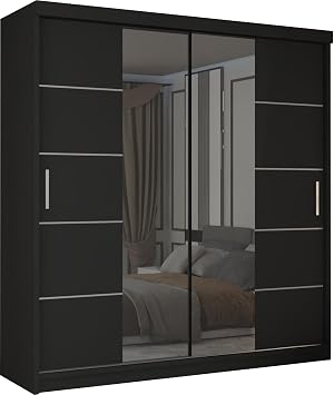 MN Furniture Modern Leads Sliding Door Wardrobe with Mirror & Customizable Interior | Bedroom Storage with Shelves & Rails | 120cm 150cm 180cm 203cm Black, 120cm
