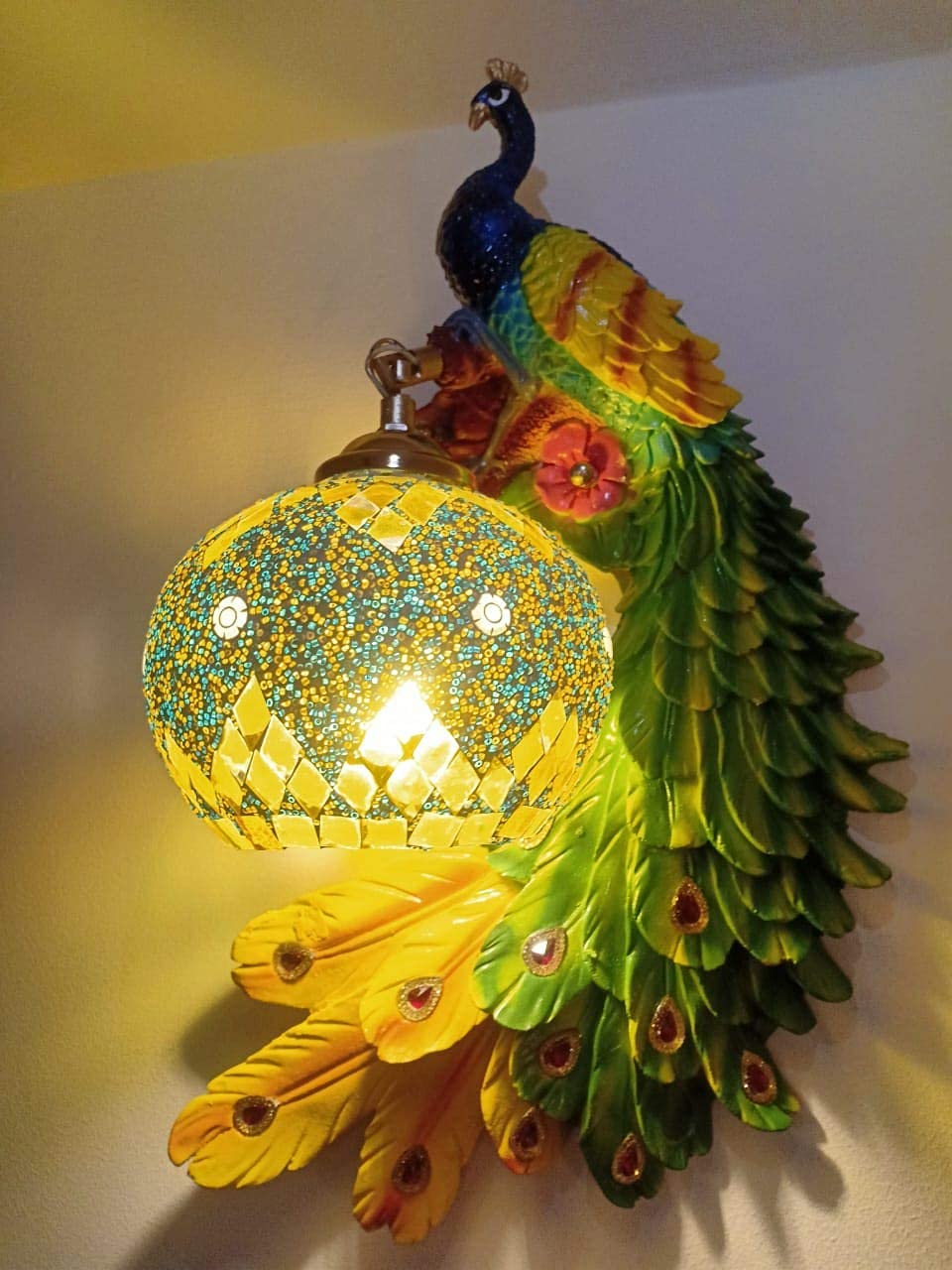 EYESHOT Clay Peacock Wall Light 100 Watts Wall Light Big Size Wall Lamp (Multicolour, Regular) (Peacock Left Face)