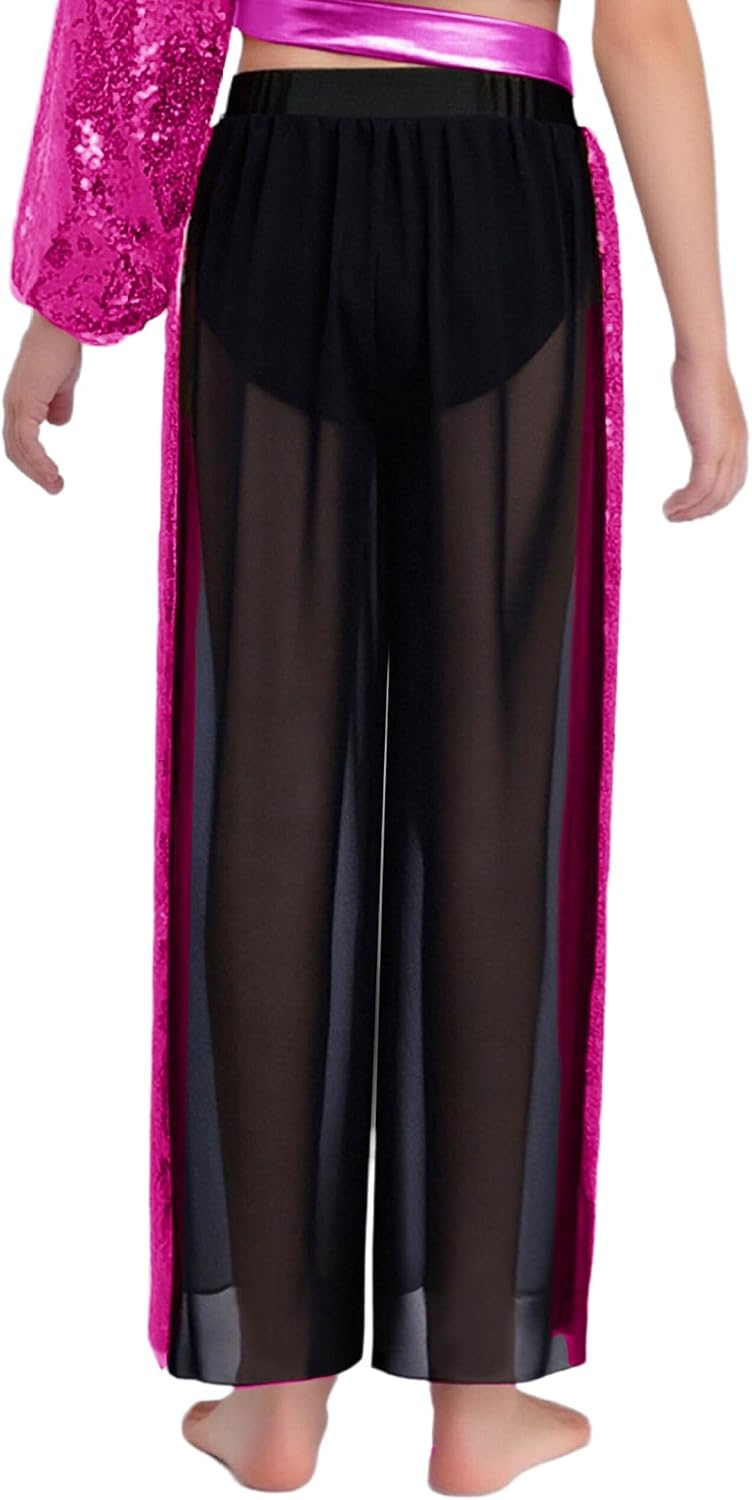 Kids Girls Sheer Mesh Wide Leg Pants Modern Lyrical Dance Pants Shiny Sequin Baggy Cover Up Trousers