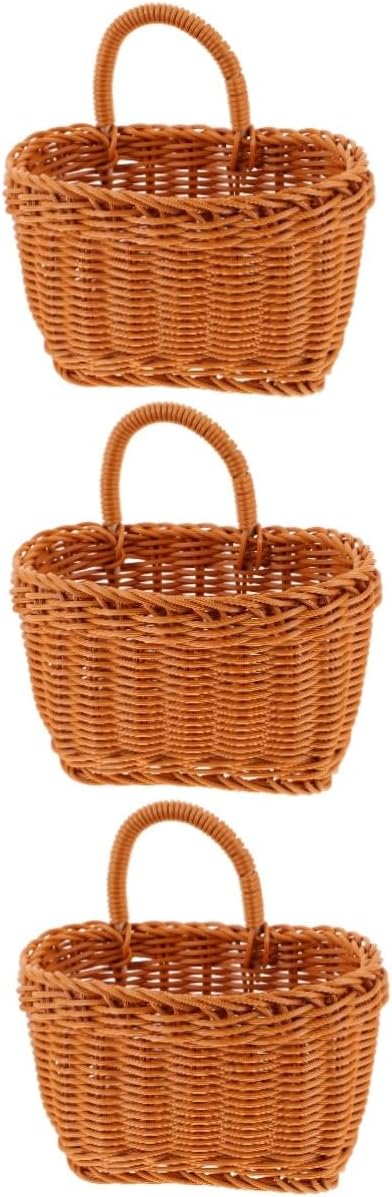 VOSAREA 3pcs Woven Hanging Wall Basket with Handle Storage for Fruits and Vegetables Decorative Organizer for Kitchen Pantry and Home Easy to Install and Convenient