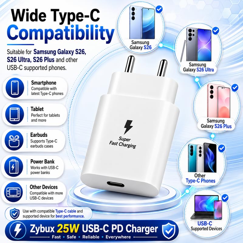 Image of 25W PD Type-C Superfast Charging Adapter Compatible with Galaxy A14|A15|A16|A17|M14|M15|M16|M17|M17e| F14|F15|F16|F17|F70e | 25Watt Fast Charger Power Adaptor for Other USB-C Devices, White