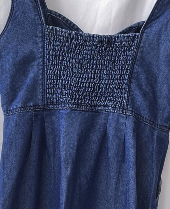ebossy Stretchy Smocked Denim Dress for Women Sleeveless Babydoll Button Down Midi Long Jean Dresses - Image 5