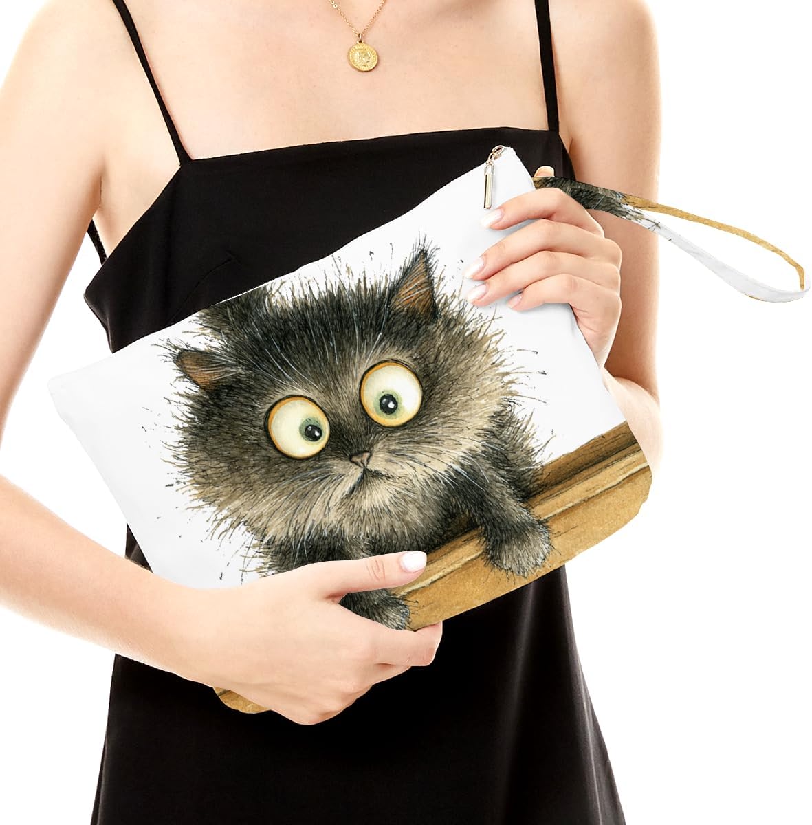 Fokongna Cute Print Wet Bag, Small Portable Waterproof Multi-Functional Organizer for Women, Brown Wooden Plank Grey Cat, Ideal for Daily, Beach & Travel image 2