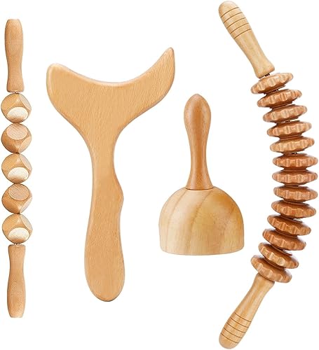 JUNRA Paquete de 4 herramientas de masaje de terapia de madera masajeador de drenaje linfático kit de Maderoterapia herramientas de terapia de