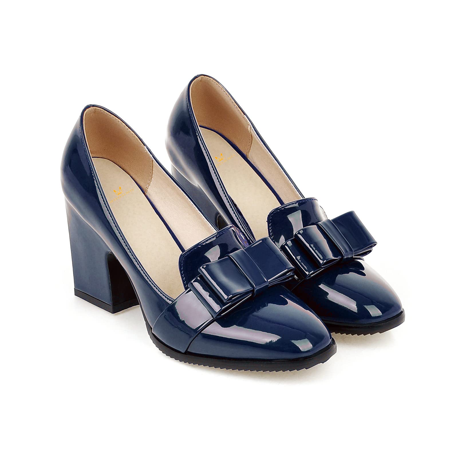 Women Chunky Heel Pumps Bowknot Patent Leather Loafers Round