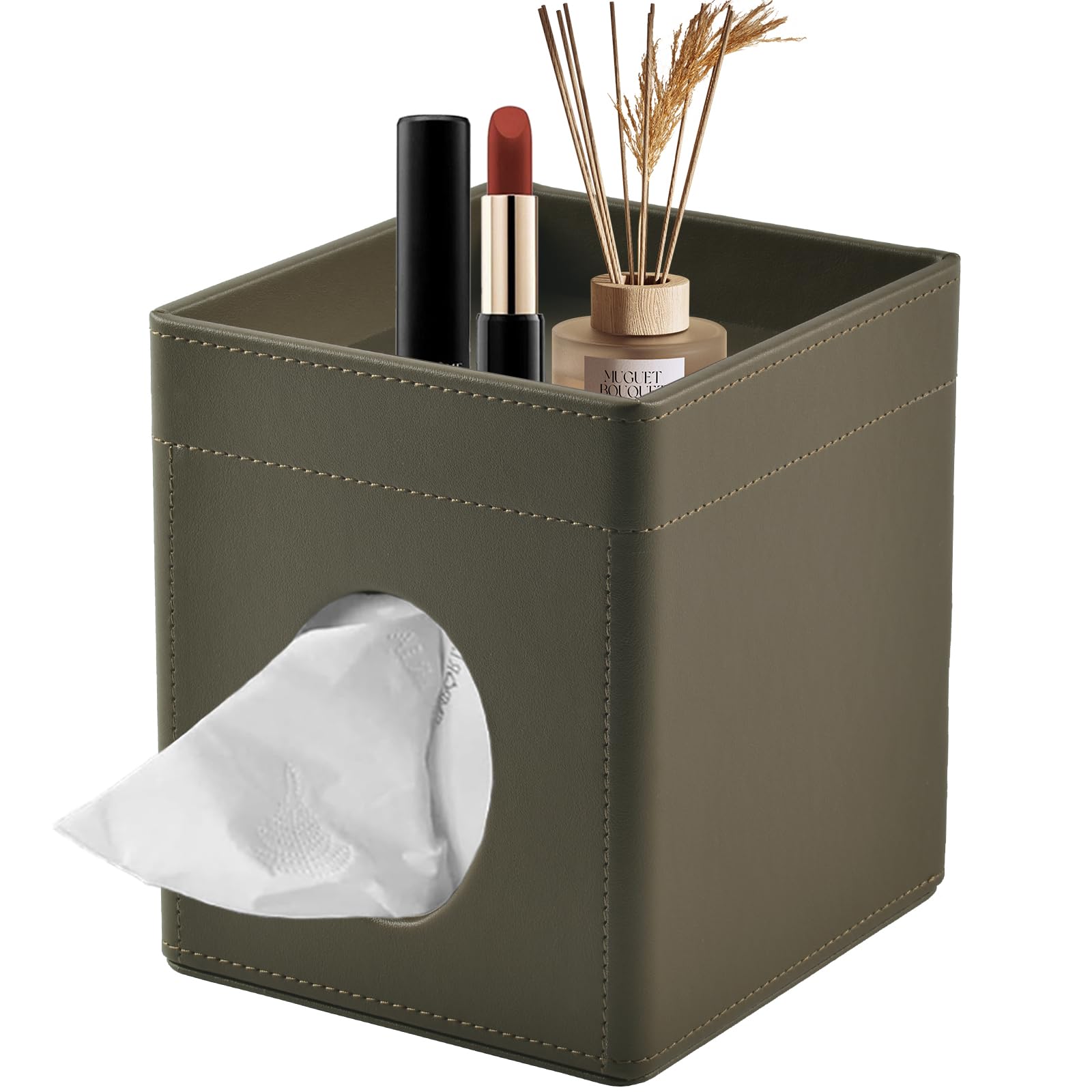 XNONE Tissue Box Cover,PU Leather Square Tissue Box Holder with Storage Tray for Bathroom Vanity Countertop Night Stands Bedroom Office Desk,Stylish Tissue Holder Decorative Organizer (Olive Green)