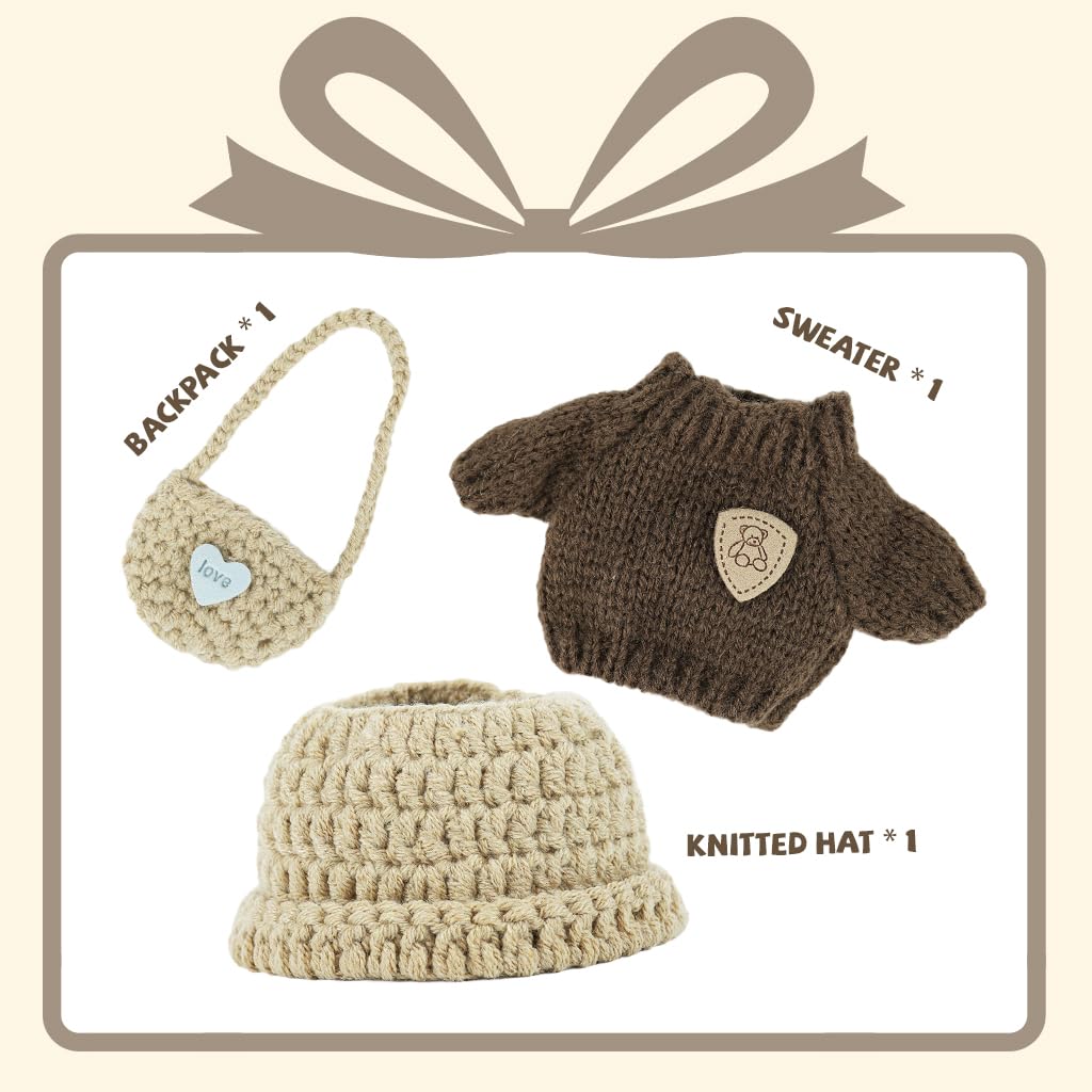 PATPAT® Clothes for 17cm Dolls, Clothes Set for 17cm Plush Toys, Crochet Knitted 3 Piece Set Hat Clothes Backpack for Dolls, Stylish Cute Doll Dress up Accessories (No Doll) (Brown) - Image 4 thumbnail