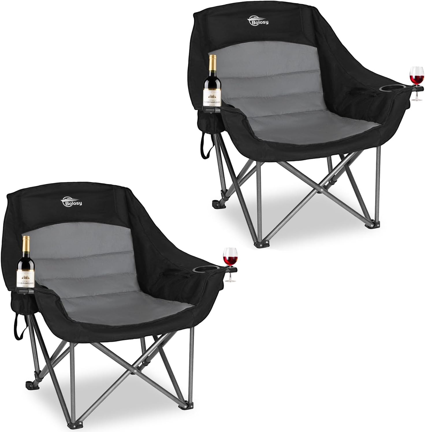 2 Pack Oversized Camping Chairs for Adults Heavy Duty Outdoor Folding Chairs Padded Portable Lawn Chairs XL Camp Chairs with Cup Holder Suproot 500 lbs Black & Grey Plus Size Twin Pack