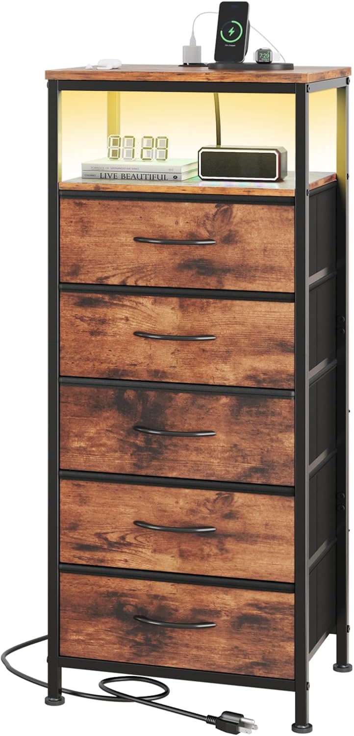 DUMOS Nightstand with Charging Station, Bedside End Table with 5 Fabric Drawers & USB/Type-C Ports and Outlets, Night Stand for Bedroom Furniture, Adjustable Feet and Variable Light Strip, Rust