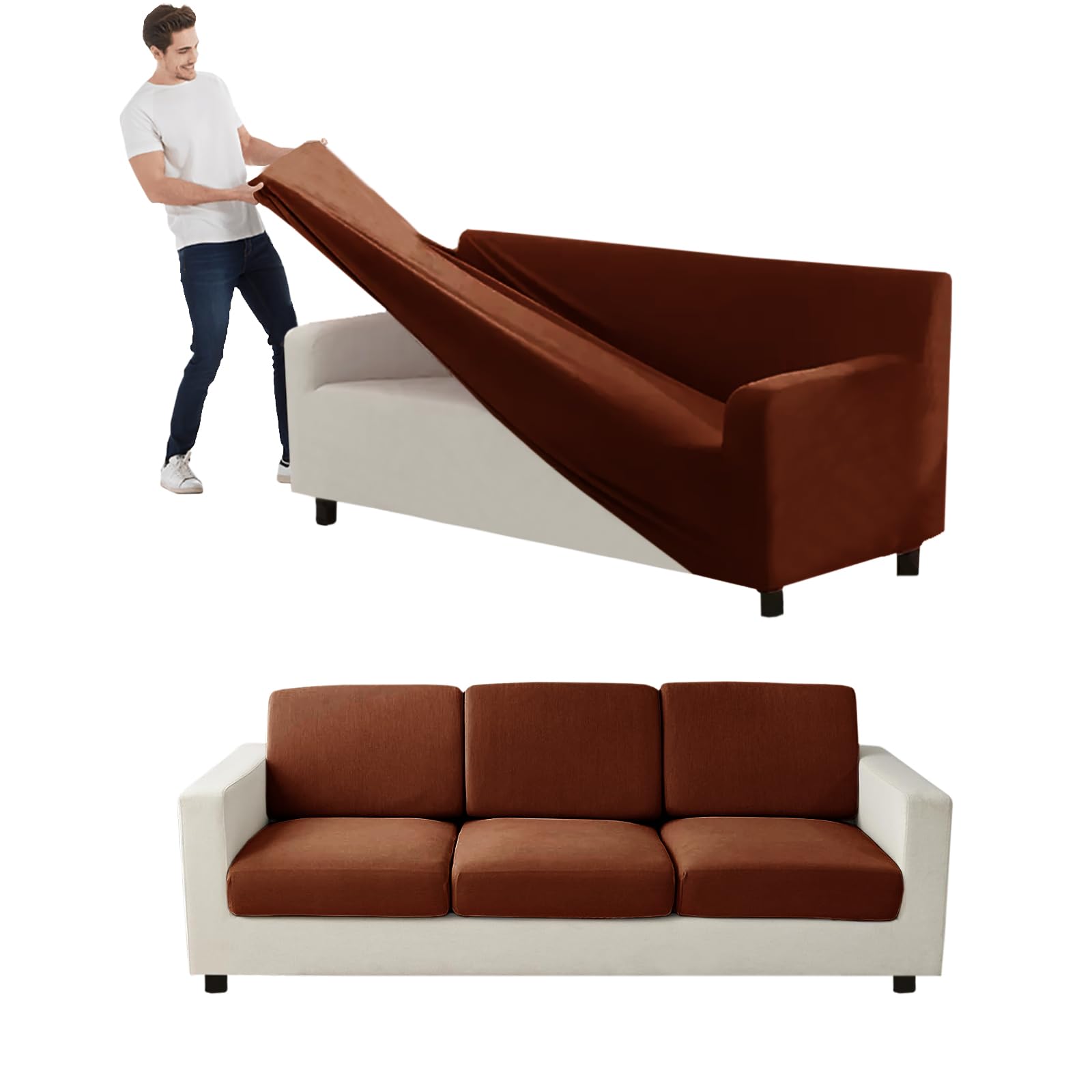 VFGFDJNDFX Couch Cover Velvet, Stretch Sofa Covers with Separate Main Cover Backrests and Seat Cushions Couch Cover, for Living Room Furniture Slipcovers (Caramel,Sofa - 9 PCS)