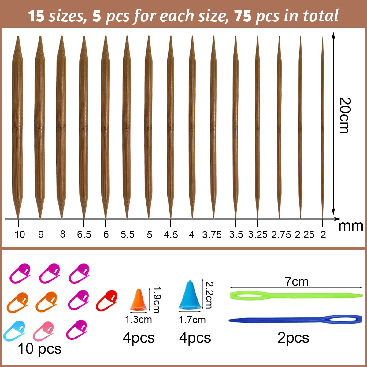 Kit D'aiguilles à Tricoter En Bambou 75 Pièces - Tailles 2.0 à 10 Mm, Longueur 20 Cm - Avec Accessoires (marqueurs, Aiguille à Coudre...)