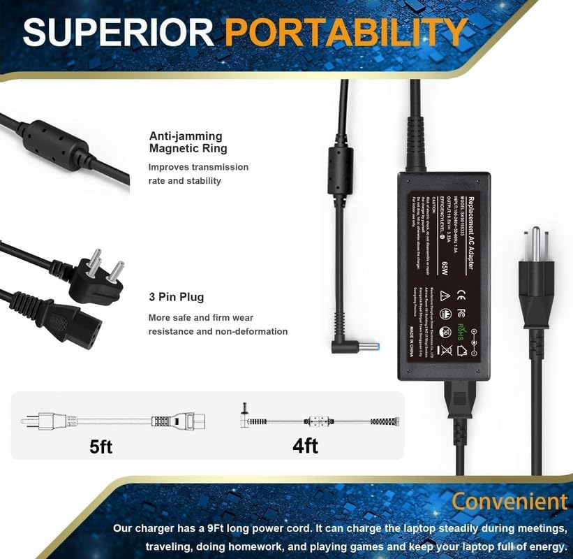 Image of Laptop Computer Smart Blue Tip, for HP Pavilion x360 17 15 14, Elitebook Folio 1040 G1, Chromebook Stream 14 13,Envy x2,and More AC Tip Adapter with 3 pin Power Cable (65W Blue)