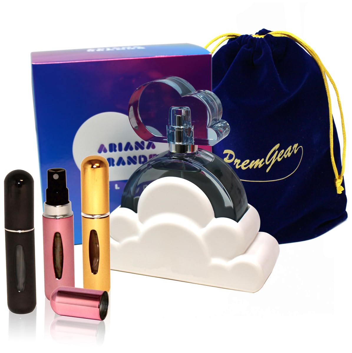 Cloud Eau de Parfum, 3.4fl oz / 100ml - Warm Gourmand Fragrance Perfume for Women, Gift/Travel Bundle with Elegant Velvet Pouches and 3 Refillable Atomizer Bottles