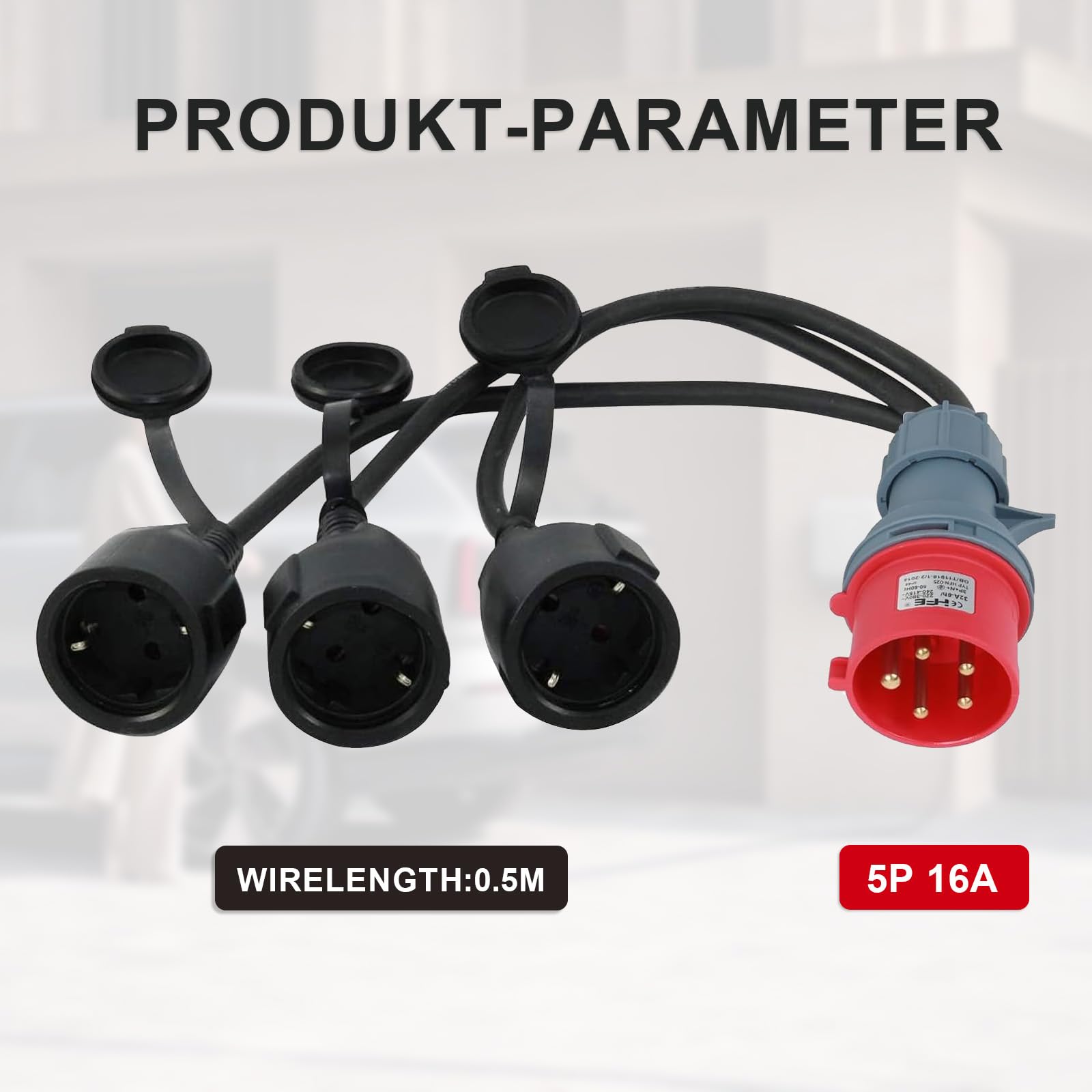 Adaptador CEE de 400 V 16 A macho a 3 enchufes Schuko de 230 V – Distribuidor de alta corriente | 0,5 m cable industrial (5,26 mm²) | resistente a temperaturas (-25 °C hasta +70 °C) | para caravanas