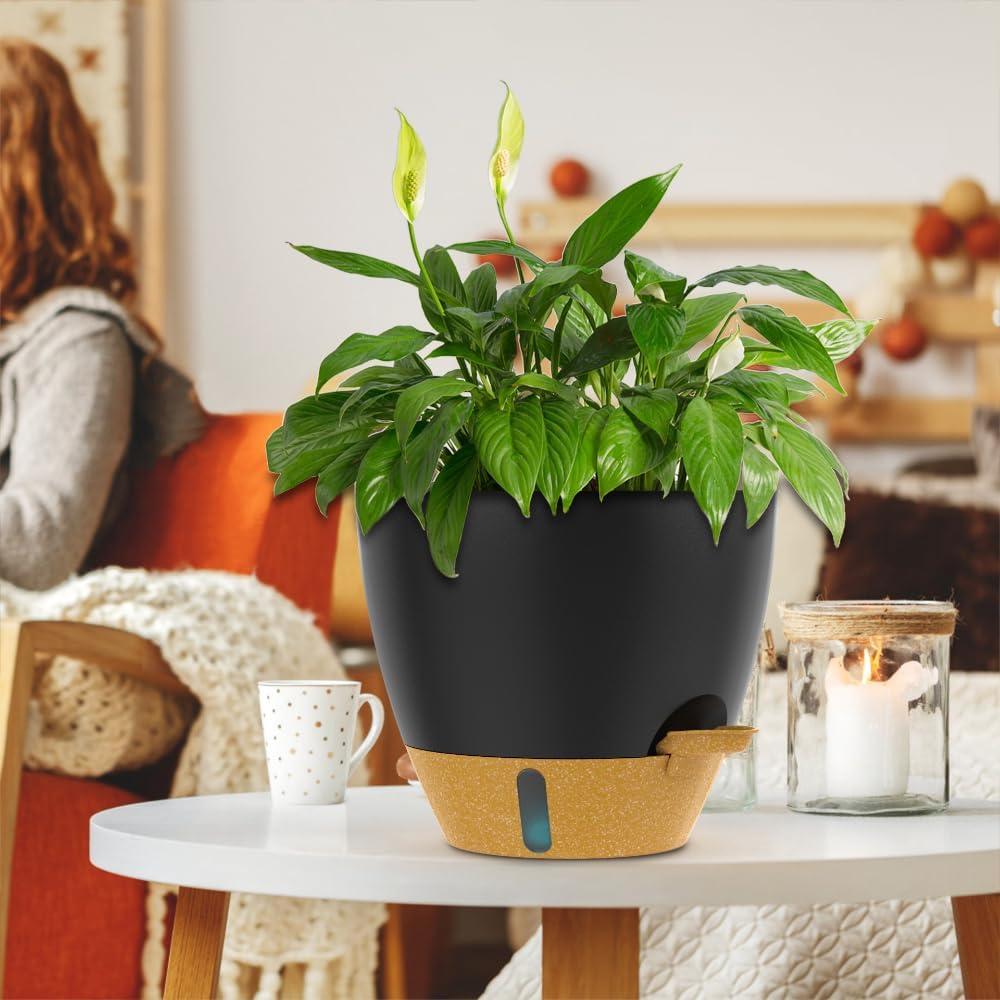2 Pcs Self-Watering Planters for Indoor & Outdoor Use - Large Plastic Pots with Built-in Drainage, Water Level Indicator, Deep Reservoir | Modern Decorative Design for Plants(Black,12inch)