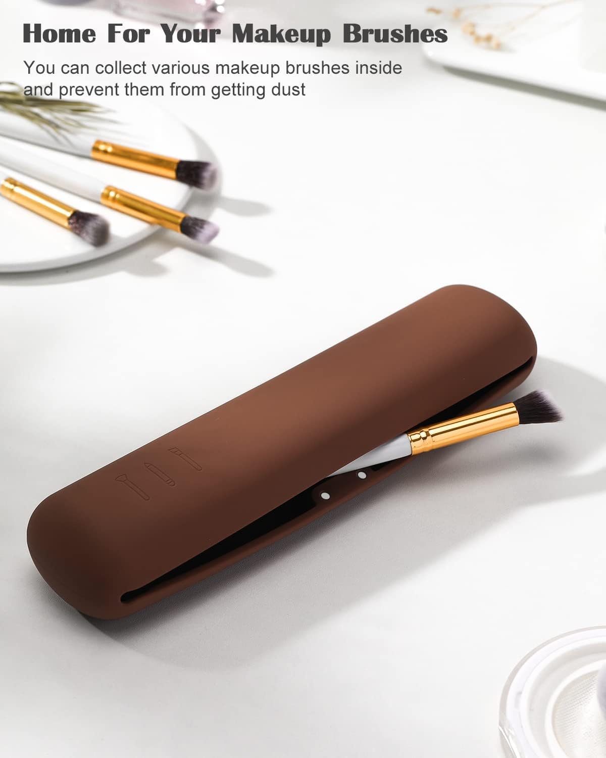 INOVERA (LABEL) Silicone Makeup Brush Holder - Cosmetic Face Brushes Pouch - Magnetic Anti-Fall Out Makeup Organizer for Travel Dark Brown 6 cm Width 1