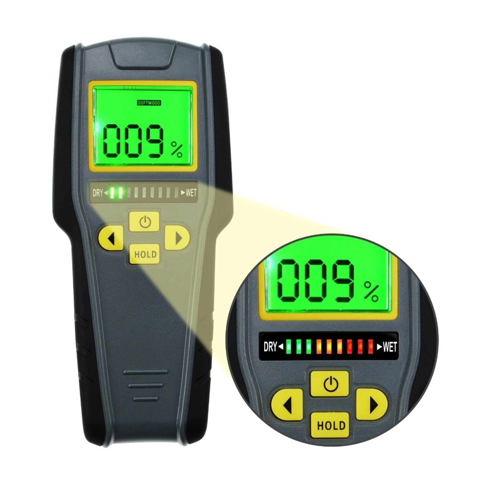 Mnmioio One Color Digital Moisture Tester, Digital Pinless Non-Invasive Inductive Moisture Meter Tricolor Bar Graph Indicator Lumber Timber Board Wet Dry Tester Drywall
