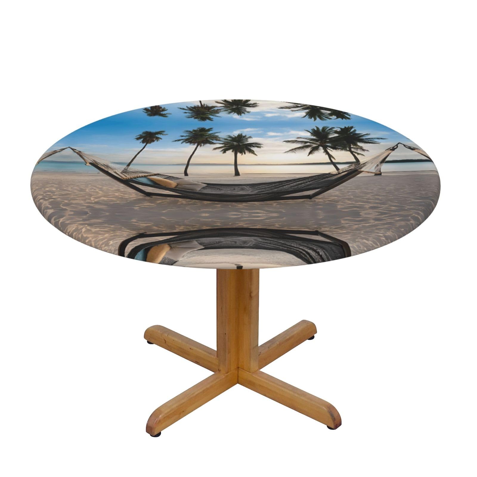 EZDLOWVBA Paradise Beach with Hammock Coconut Palm Trees print Round Tablecloth with Elastic Fits Tables Outdoor Tablecloth,Stain Resistant Table Cover for Kitchen Dining Parties
