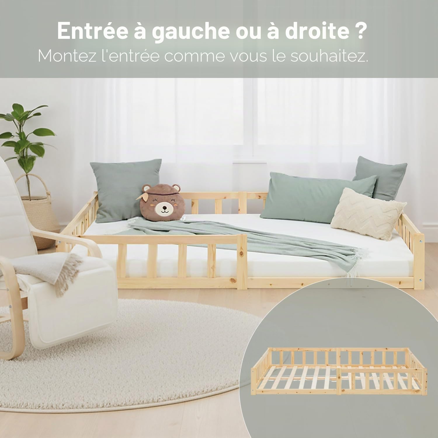 Homestyle4u Lit de sol, 120 x 200 cm, naturel, Montessori en bois, pour enfant, avec protection anti-chute, sommier à lattes