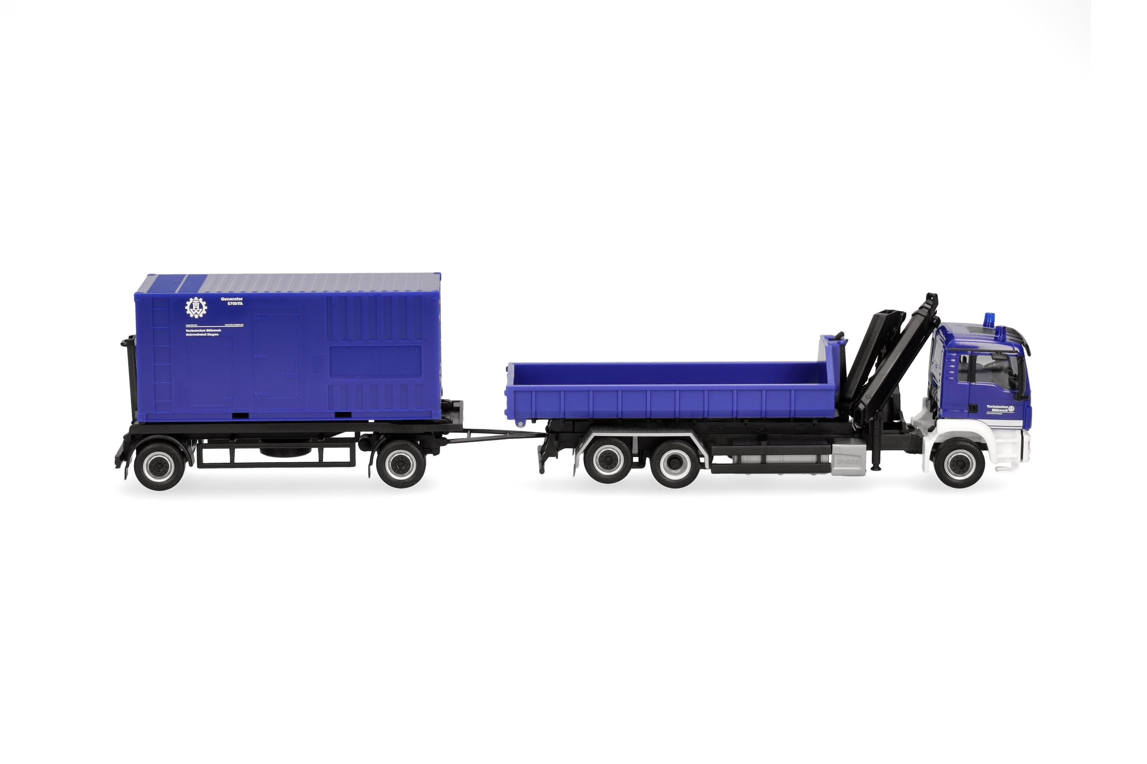 Herpa LKW Modell MAN TGS M Wechsellader-LKW mit Anhänger „THW Singen“ (Baden-Württemberg/Singen), Miniatur im Maßstab 1:87, Sammlerstück, Made in Germany, Kunststoff