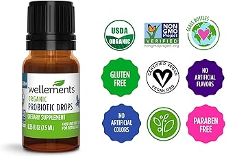 Wellements Organic Baby Probiotic Drops | Digestive & Immune Support for Infants & Toddlers | May Ease Colic, Diarrhea, Constipation & Gas | USDA Organic, Preservative Free | 0.25 Fl Oz | Newborn+