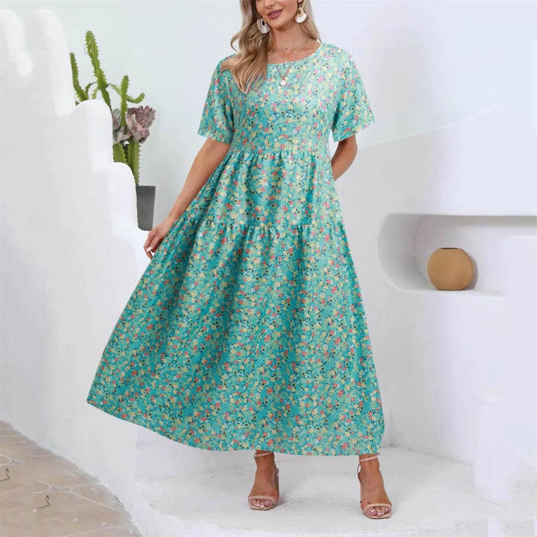 Sukienki damskie, luźna sukienka w kwiaty, boho, z kieszeniami, z krótkim rękawem, długa sukienka