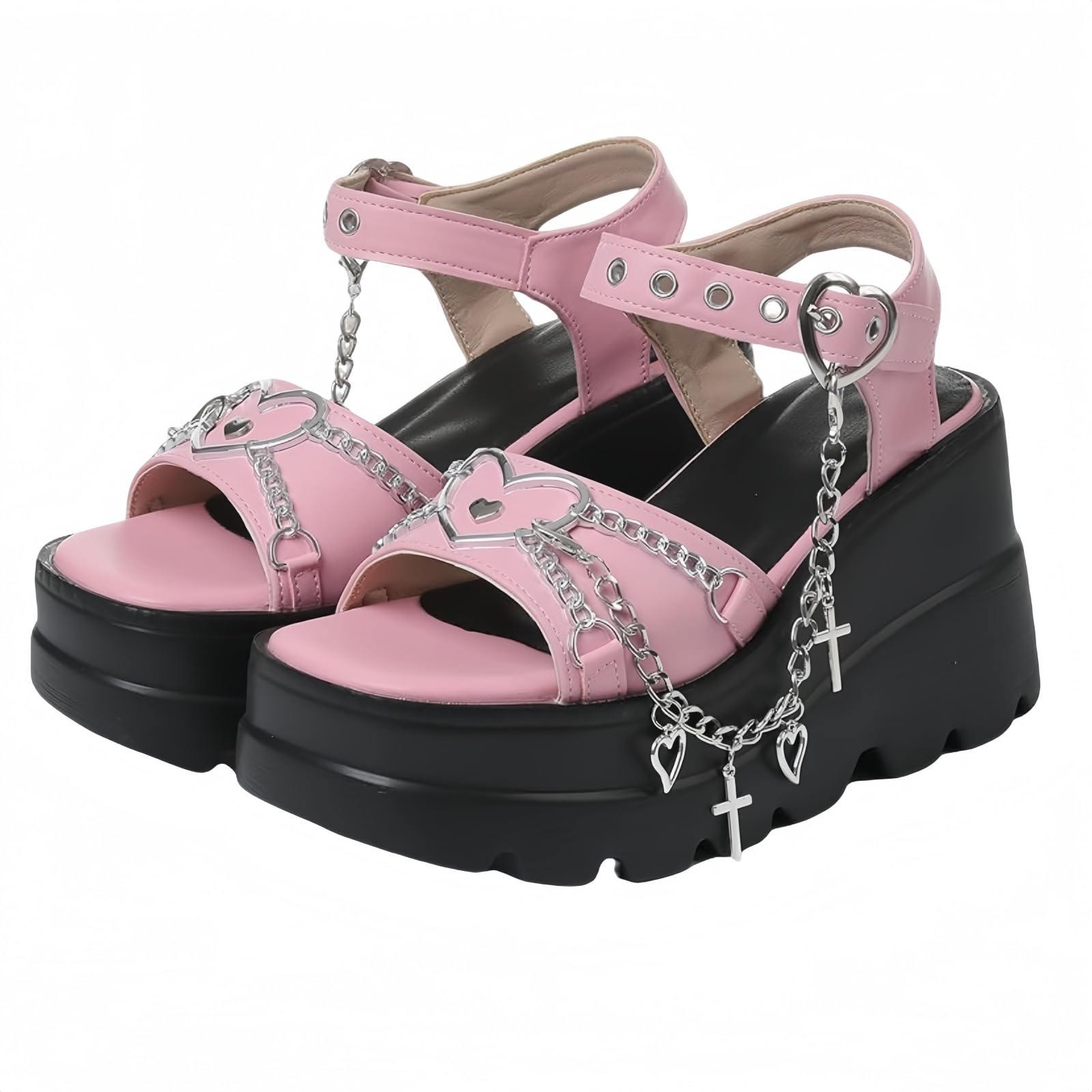 Sandales Punk Femme Clous Chaîne Araignée Crâne Étoile Brides Gothiques Plateforme Compensée Boucle Talon Épais Mules Bout Ouvert Vacances Été Plage Fête