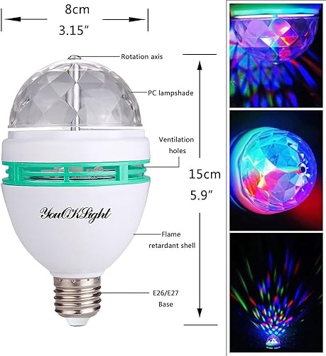 Miniatura 5 de YouOKLight Bombilla de discoteca E26, luz giratoria de bola de discoteca RGB, bombilla estroboscópica LED, luces de bola mágica giratoria, para