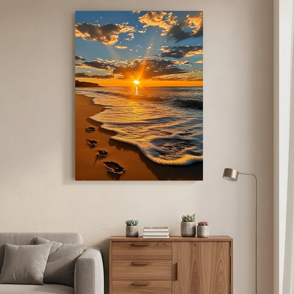 TZKBDMA Beach Sunset Footsteps Wall Art Poster Print Coastal Living Room Decor(60x80cm/Without frame)