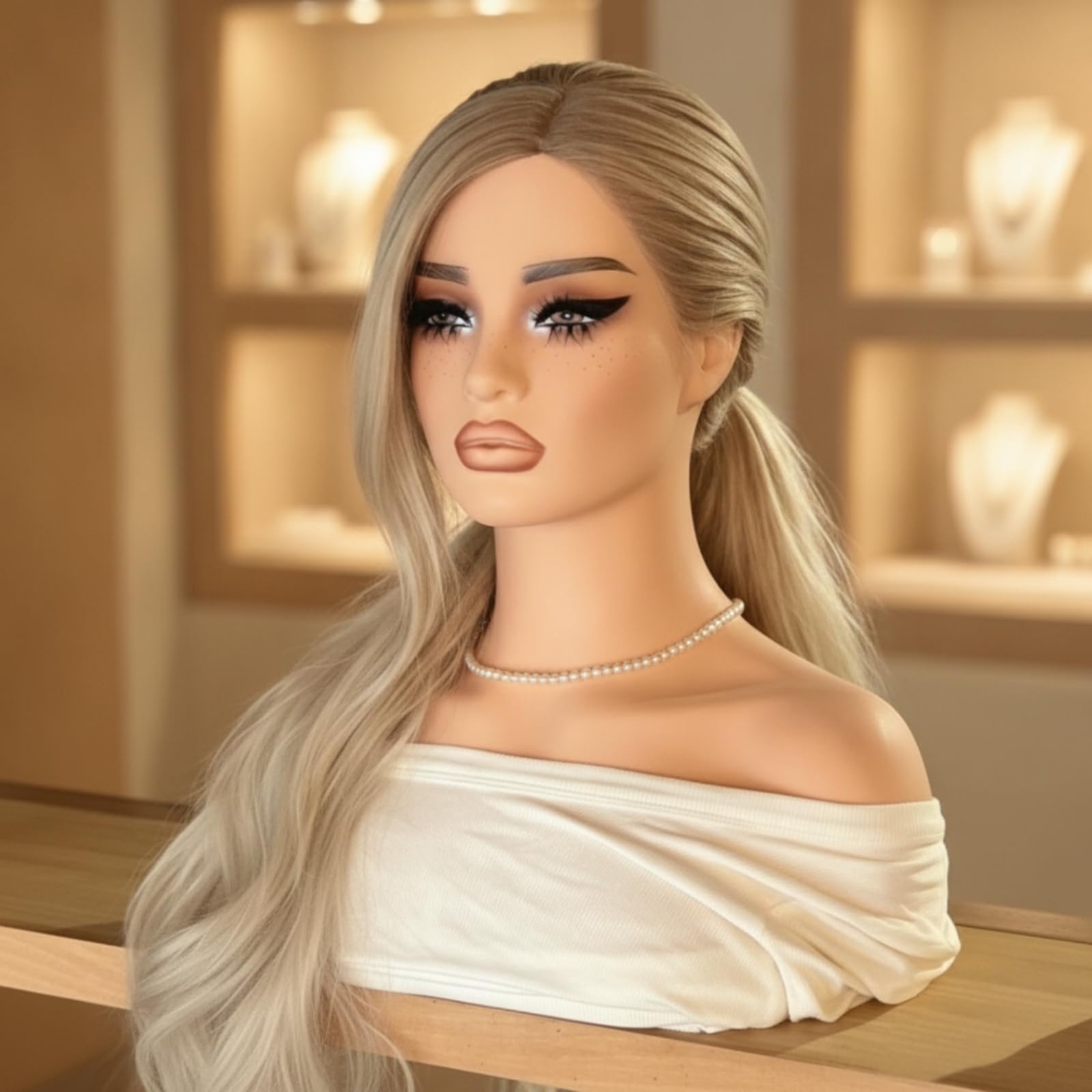 Almencla Schaufensterpuppe Kopf Mannequin Kopf Büste Torso Präsentationskopf Schmuckbüste aus PVC mit Bemalten Augen Brauen Sommersprossen für Halsketten Ohrringe Haarteile für Einzelhandel Messe
