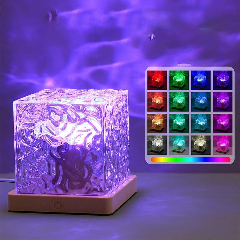 Tnglov 3D Projector Lights Ocean Wave Romantic Warm Ocean Wave Water Night Light Lamp, LED Light Projector Projection Lamps Crystal Table Lamp for Bedroom Decor(Cube Light lamp)