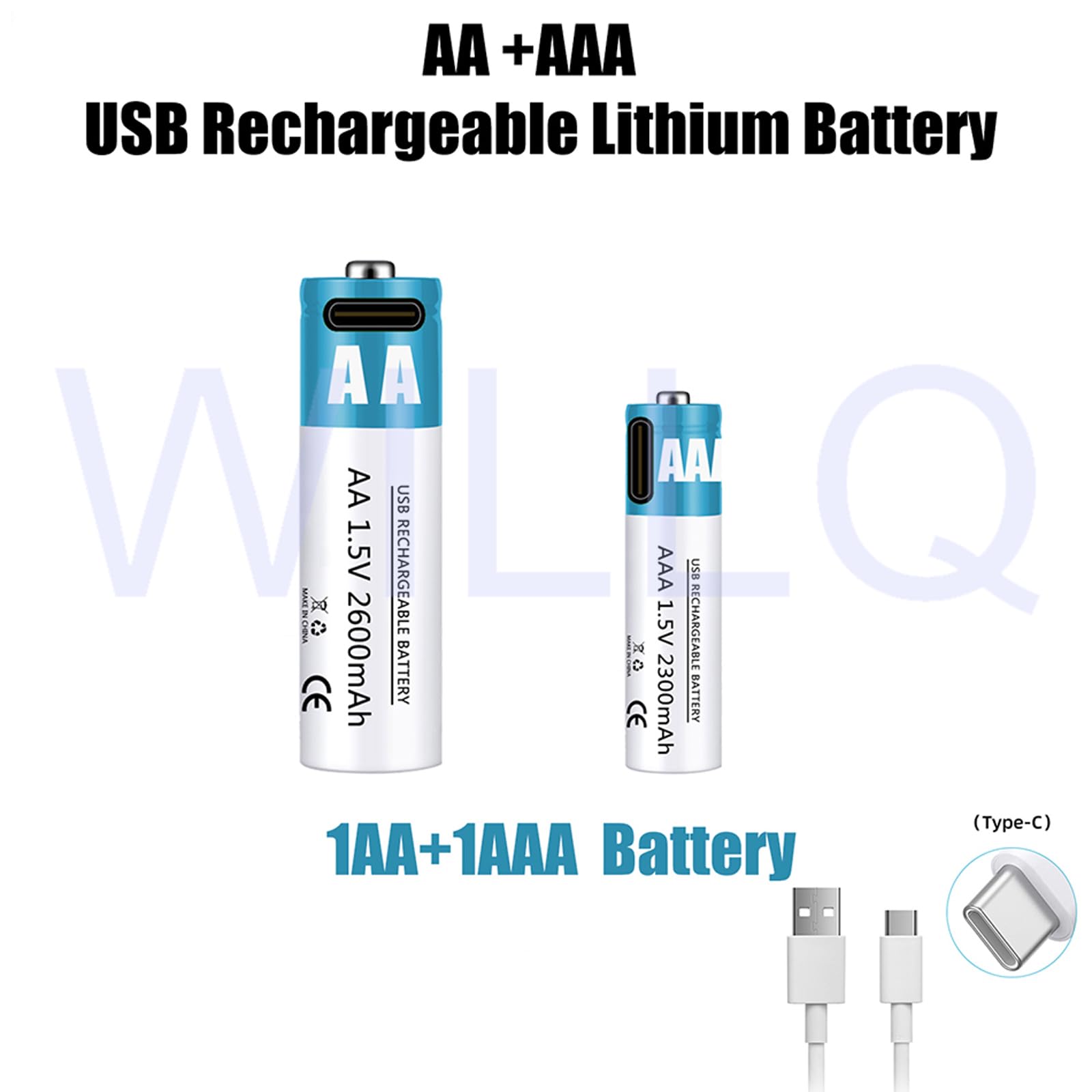 Baterías Recargables AA+AAA 1,5 V 2600 mAh + 2300 mAh batería de Iones de Litio de Alto Rendimiento Carga rápida USB-C (con Cable) para Juguetes/teclados,2600mah+2300mah,1pcs
