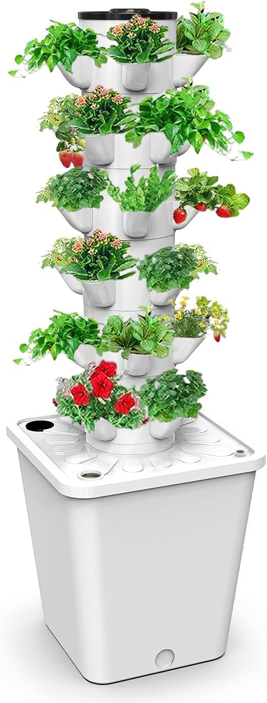 Hydroponischer Turm mit 30 Pods, Hydroponisches Anbausystem für Kräuter, Obst und Gemüse für den Garten, Aeroponisches Anbauset mit Befeuchterpumpe, Netztöpfe, für Kräuter, Obst und Gemüse