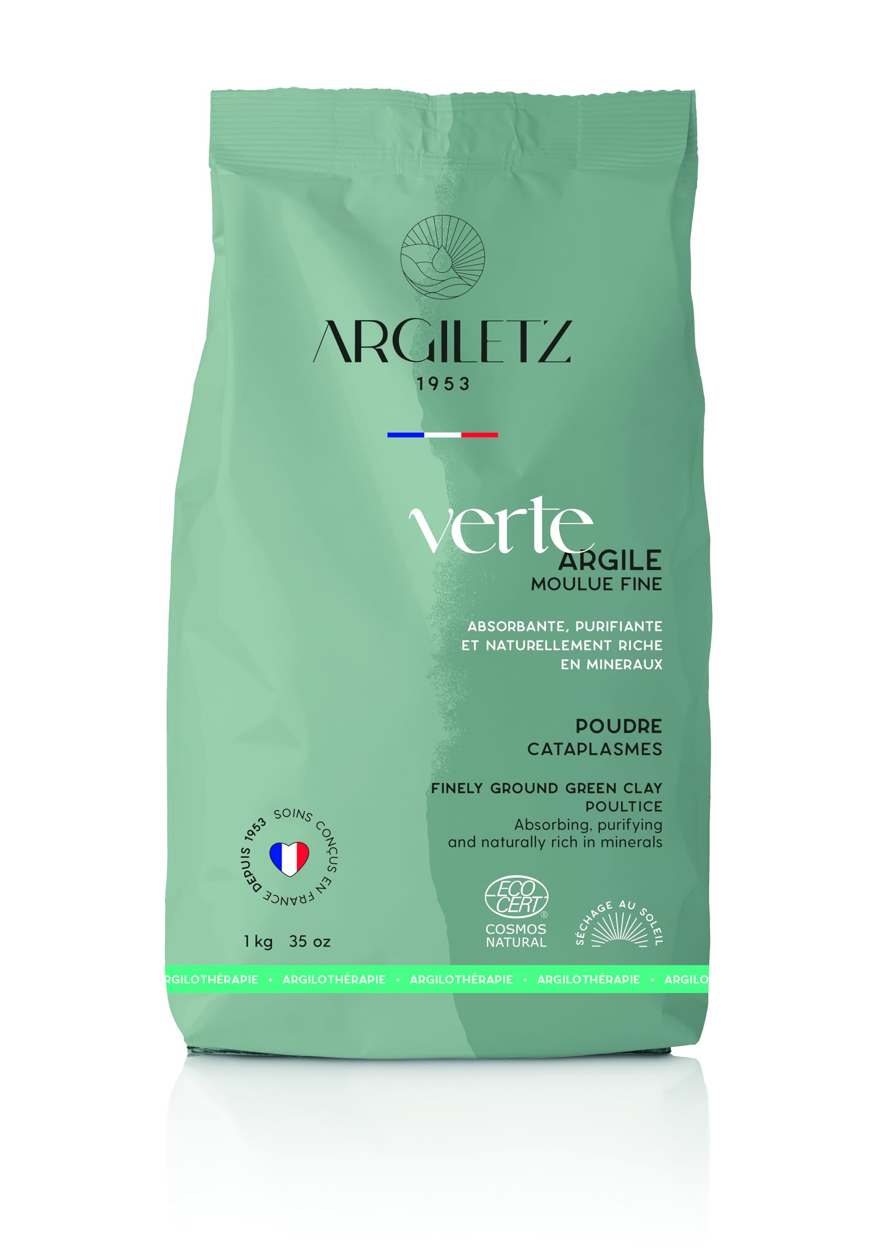 Argiletz - Argile Verte en Poudre Moulue Fine 1 kg – Illite Naturelle Séchée Au Soleil – – Cataplasme, Masque Visage Corps - Usage Externe – Argile Pure - Certifiée Cosmos Natural, Ecocert