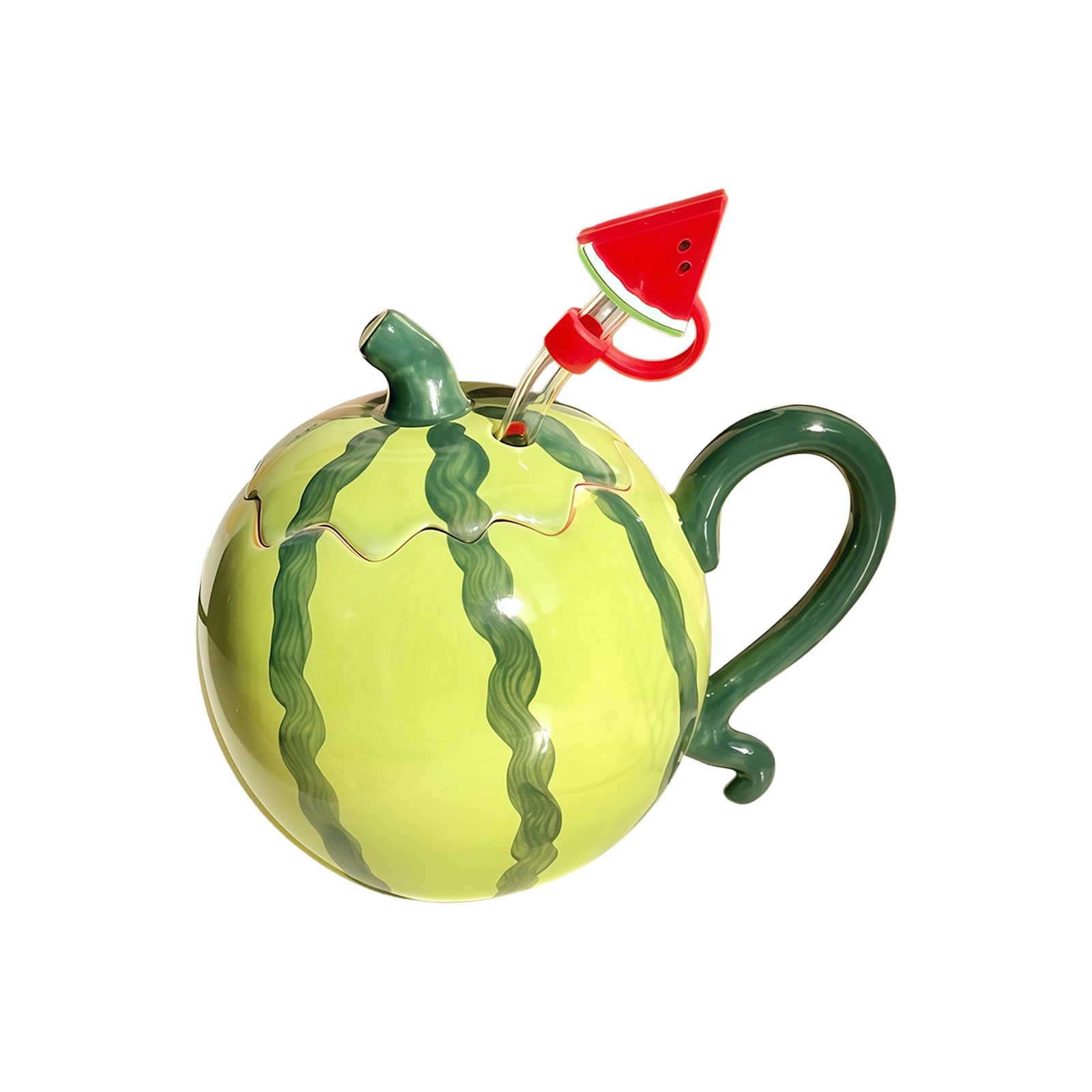 SHINLHUA Artistic Hand Daubed Ceramic Watermelon Cup 300Ml Size Vessel Wonderful for Students and Tea Beloveds with Straw and Cap