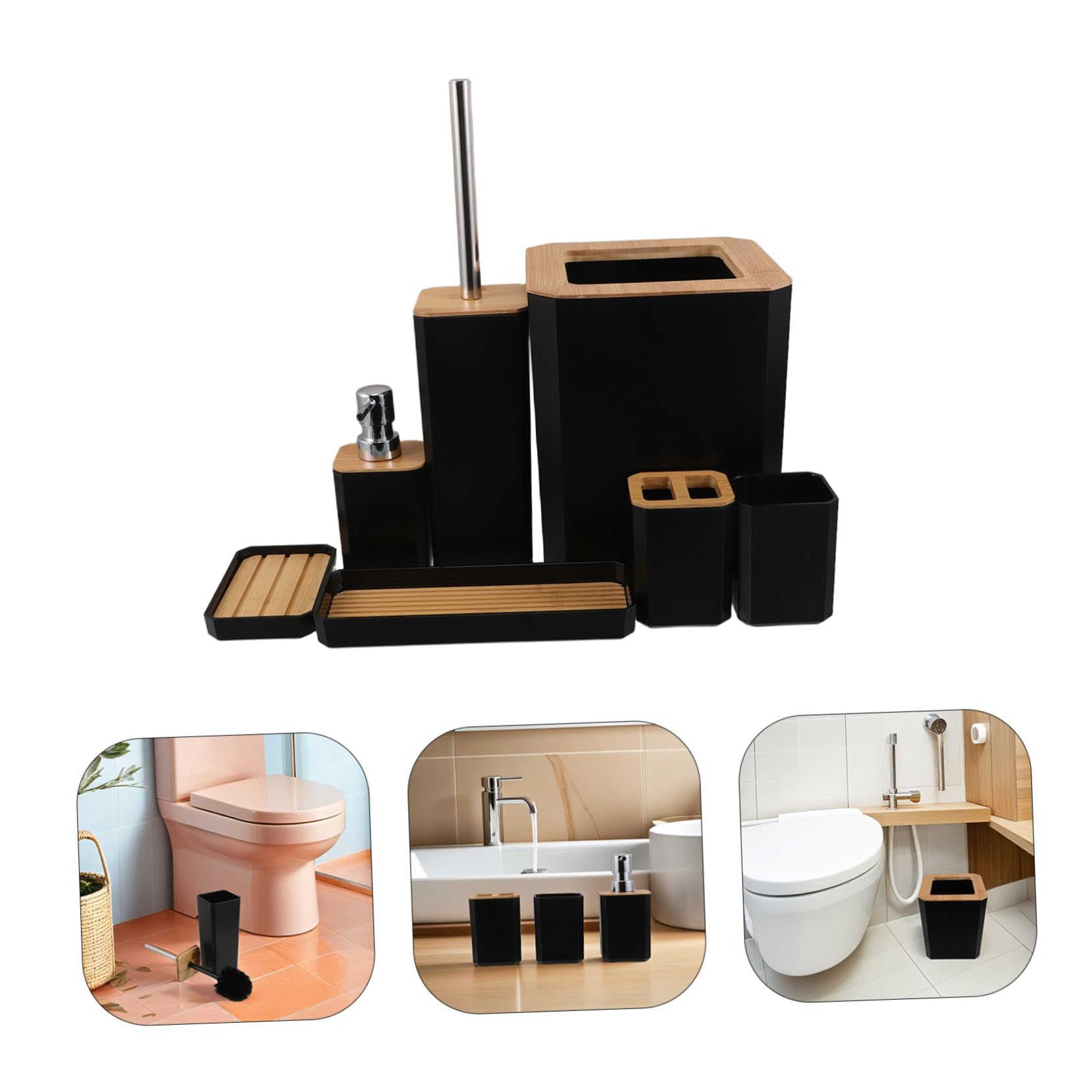 UKCOCO Baño de Bambú Set de Accesorios para Baño Dispensador de Jabón Soporte para Cepillo de Dientes para Decoración Moderna del Hogar o Hotel Incluye Vaso de Lavado