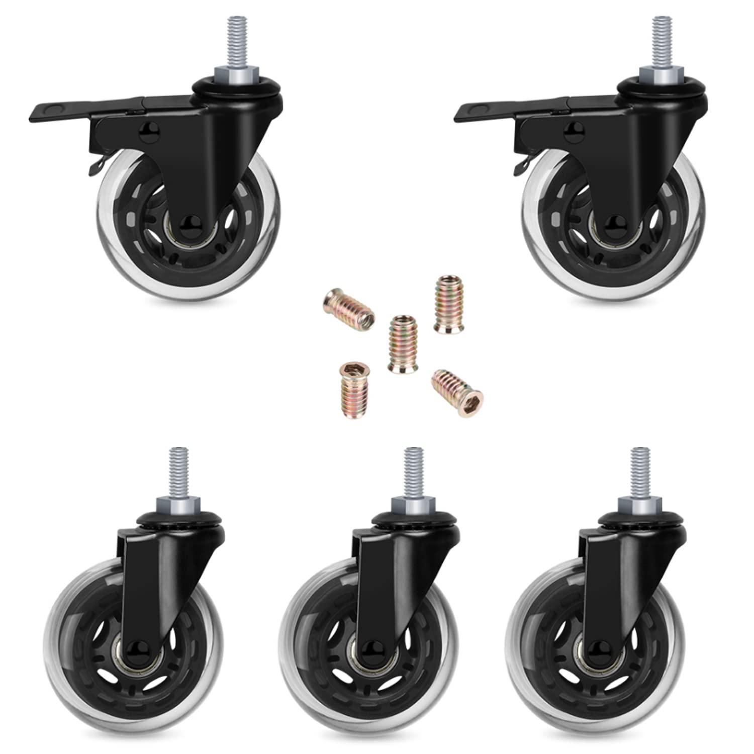 Hirate 3 inch Caster Wheel with 5/16"-18UNC Threaded Stem(2 Casters with Brake Lock, 3 Without), Lockable Bearing Swivel Stem Casters Wheels with Screw Inserts Safe for All Type Floor