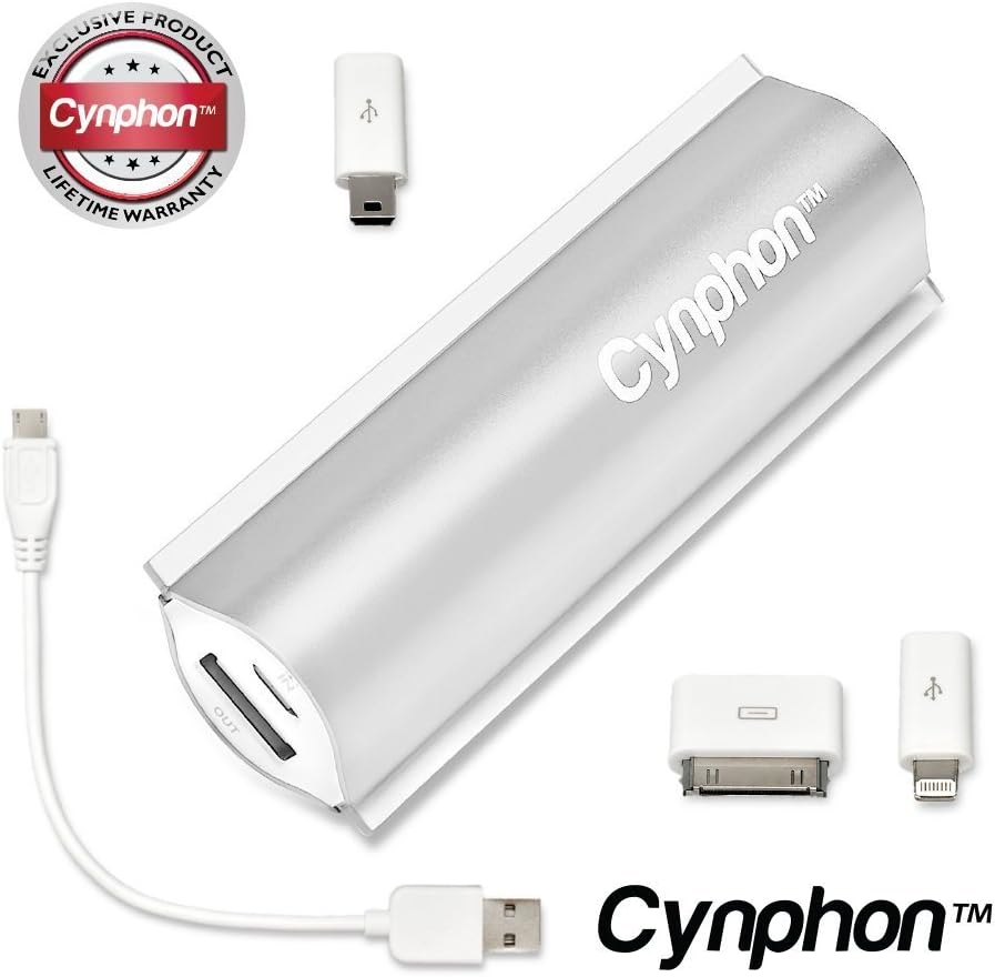 Portable Charger Power Bank USB Battery Pack For iPhone 6, 5, 5S, 5C, 4S, 4, Samsung S-Series - iPhone 6/5/4, Samsung Adapters w/USB Cable - Lifetime Warranty - Cynphon JumpStart JS-2400 (Silver)
