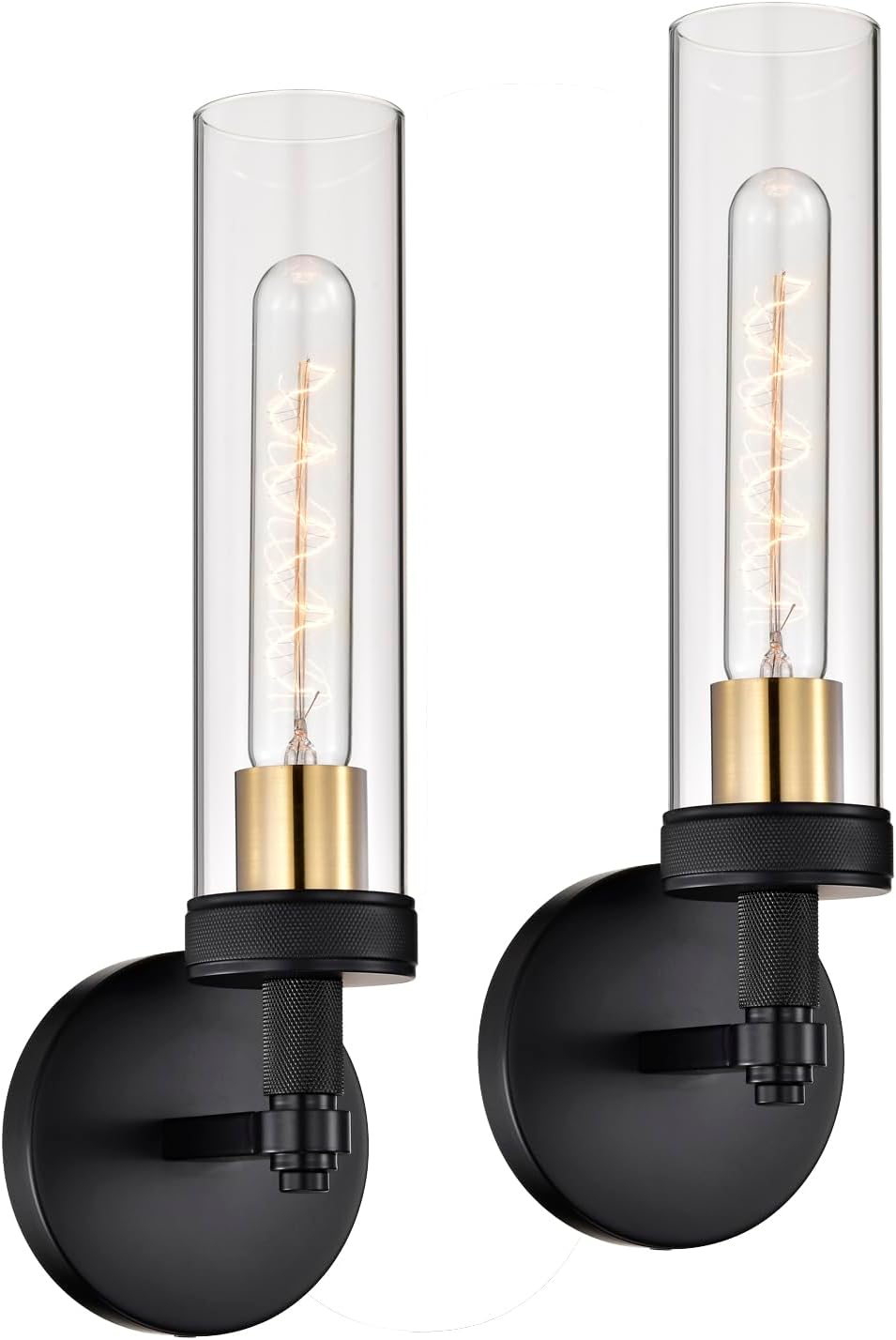 Black Wall Sconces Set of Two,Knurled Texture Modern Wall Sconce,Tube Clear Glass Matte Black Vanity Light,Industrial Bathroom Sconces Wall Lighting,Wall Lights for Bedroom,Living Room,Hallway