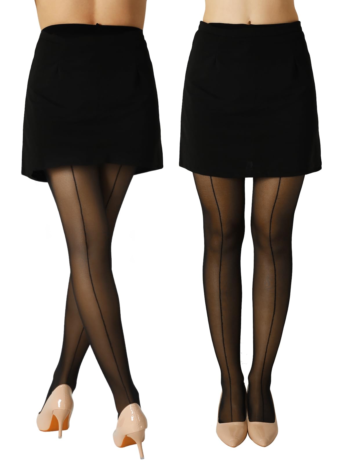 2 Pairs Backseam Sheer Tights For Women- 30D High Waist Control Top Pantyhose with Reinforced Toes