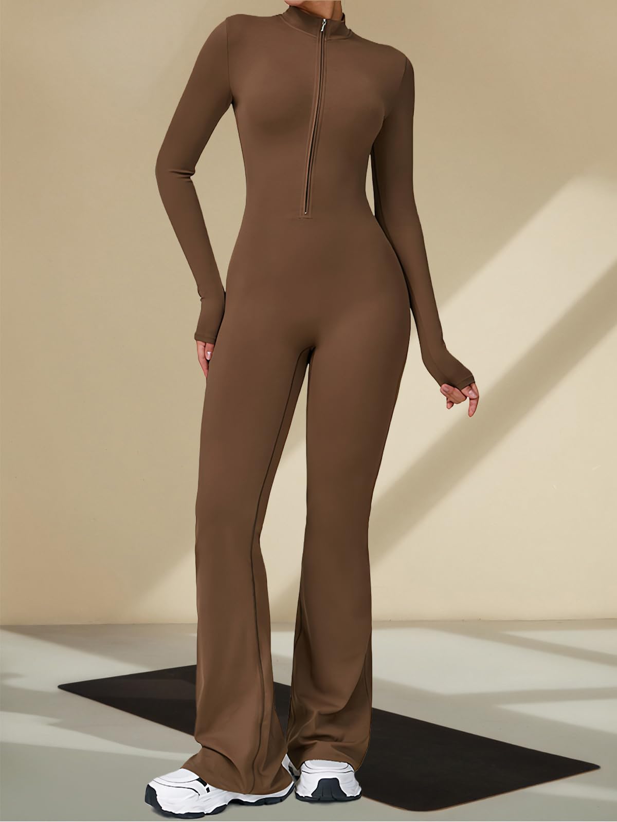 Ecupper Mono de Mujer con Mangas Largas, Abertura en la Parte Inferior, cremallera,Enterizo, Bodysuit Completo, Unitardo de Yoga, Piernas Amplias y Sexy