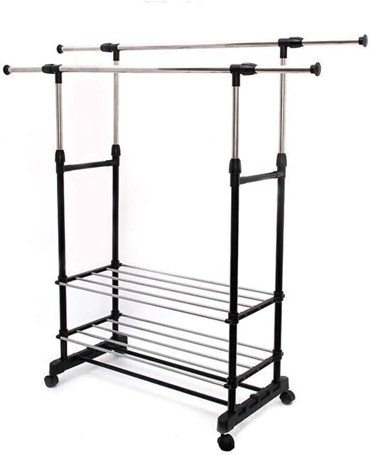 LONENESSL Double Clothes Rail Adjustable Garment Rack, Heavy Duty Coat Rail with 3 Tier Storage Shelf and Wheels, Telescopic Mobile Hanging Rail Clothes Stand, Organiser Shelf Bedroom Clothing Rack
