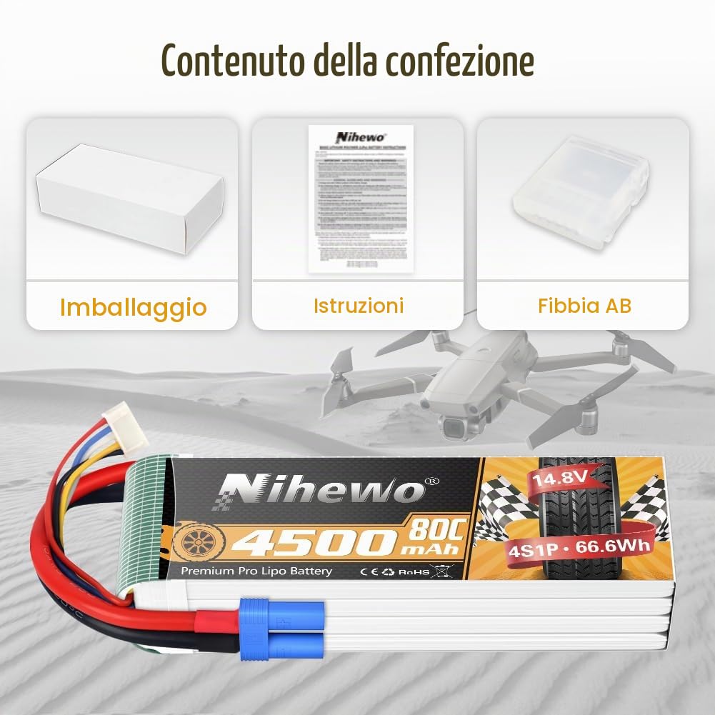 Batteria LiPo 4S 14.8V 4500mAh 60C EC5 per RC camion droni barche 2pz | Batteria 4S 4500mAh compatibile con modelli RC scala 1/8: auto, camion, aerei, elicotteri, barche, carri armati