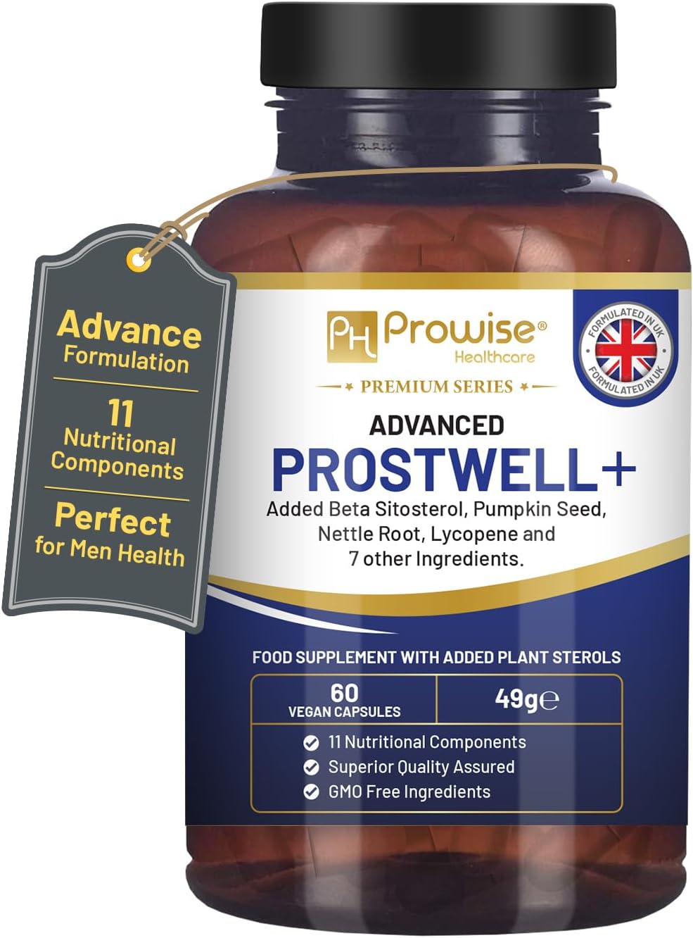 Advanced Prostwell Plus 60 Vegan Capsules Added Beta Sitosterol, Pumpkin Seed, Nettle Root, Lycopene and 7 Other Ingredients - Prostate Supplements for Men - Men Health Supplements by Prowise