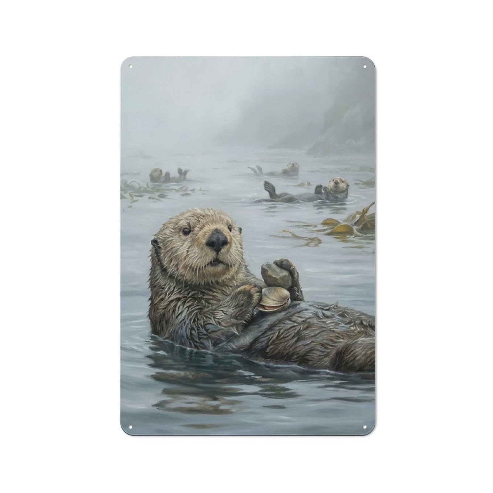 Rustic Sea Otters in Misty Waters Tin Wall Plaque 30x20cm, Rustic Kitchen Decor for Cottage, Kitchen, Hallway Or Breakfast Nook