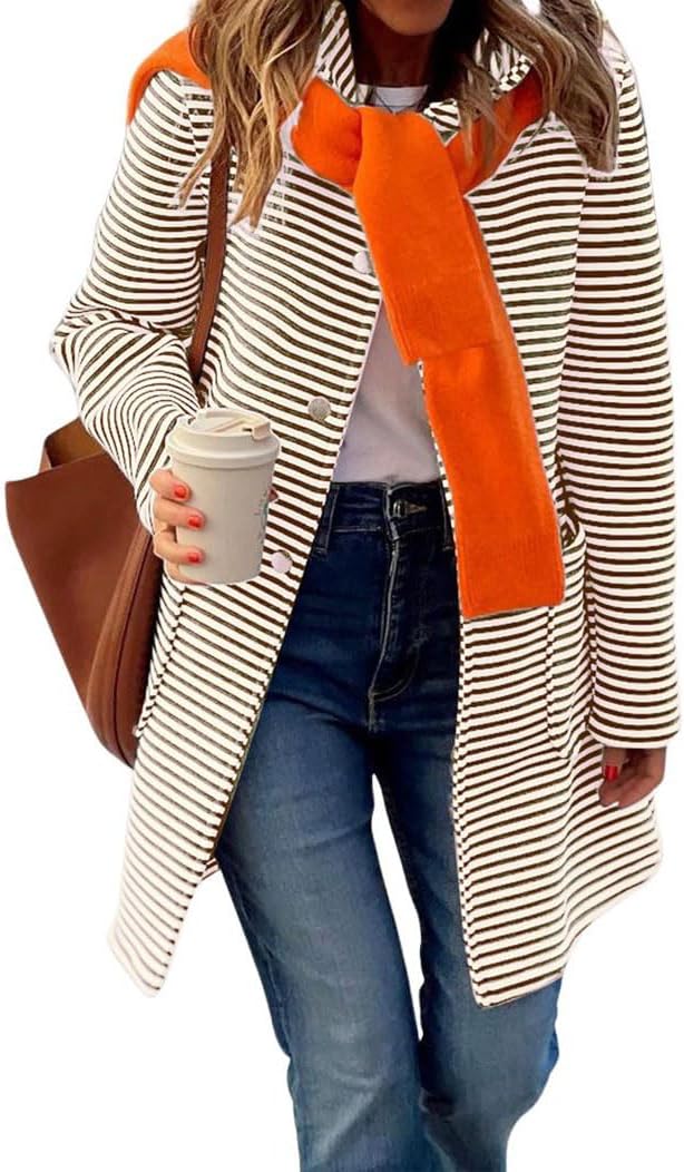 chouyatou Women's Color Block Striped Hooded Cardigan Sweaters Button Down Long Coatigan Jackets with Pockets