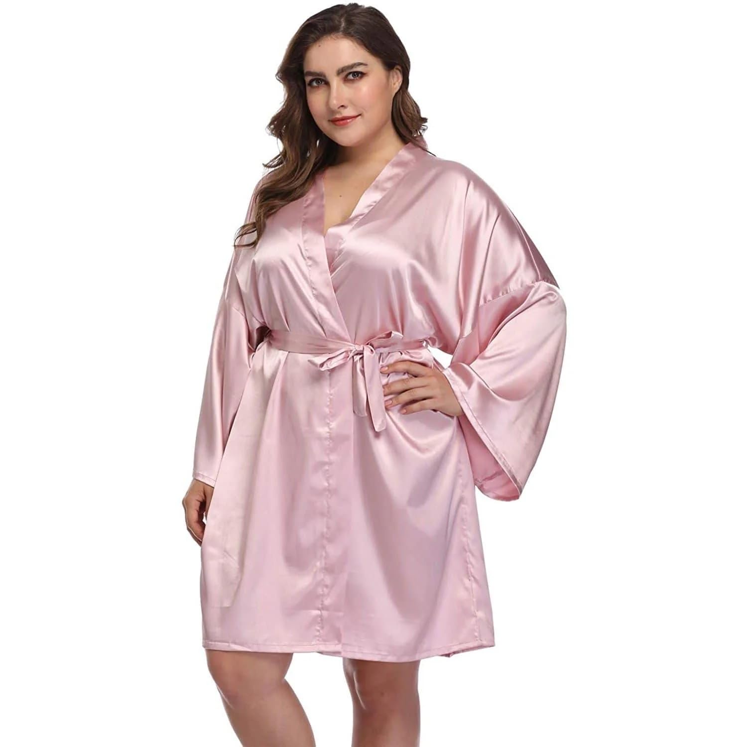 DAILNIGHT_Bathrobe for Women's Satin Kimono Nightwear Robe With Adjustable & Removable Sash Tie (Large, BABY PINK)