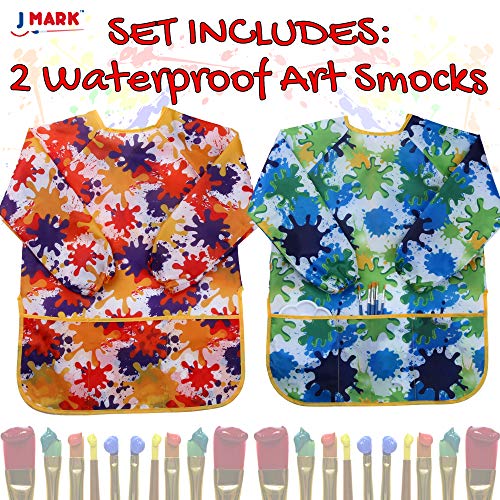 J Mark Kids Art Smock - (Pack Of 2) Painting Apron Long Sleeve And 2 Pockets For Baking, Eating, Arts & Crafts-Waterproof Artist Paint Shirt #TOP1